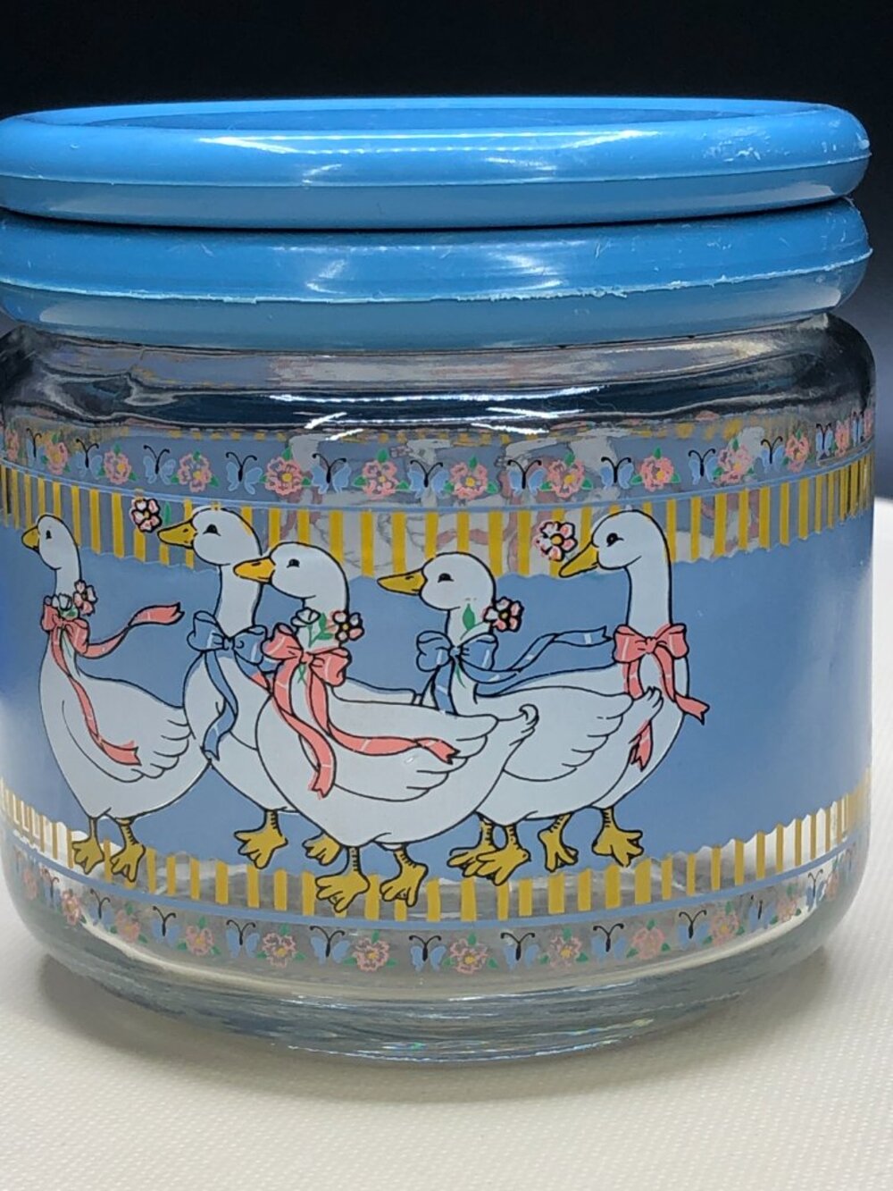 Vintage Country Mother Goose Blue Ribbon Bow Glass Jar 80s Kitchen Canister -1A